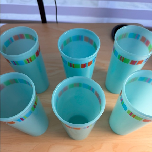 Tupperware Aqua Blue Tumblers with Colorful Stripe Design - Picture 3 of 5
